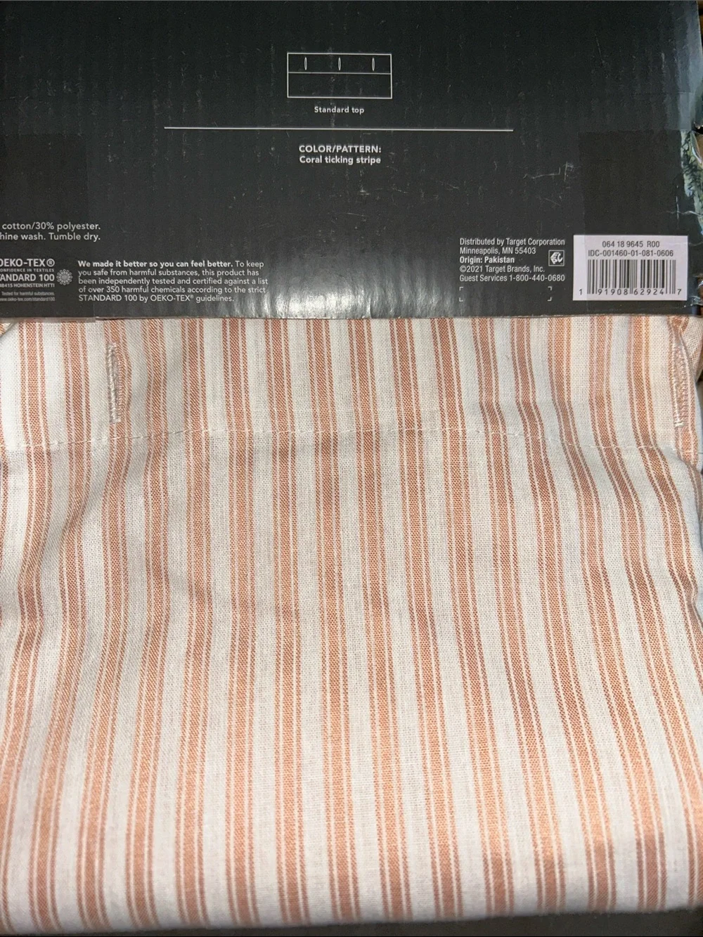 Threshold Coral Ticking Stripe Shower Curtain. 72” x 72”
